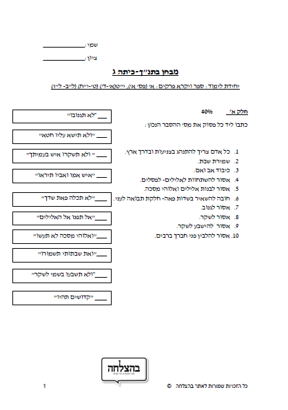 מבחן בתנ"ך לכיתה ג - ספר ויקרא, פרק א, פרק יט