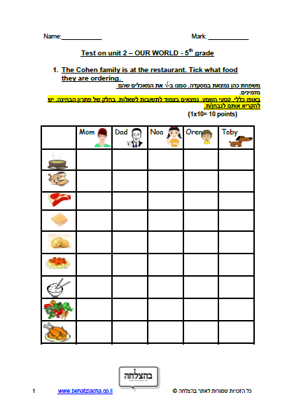 מבחן באנגלית לכיתה ה - כיתה ה - Unit 2 , Our World , ECB מבחן 2