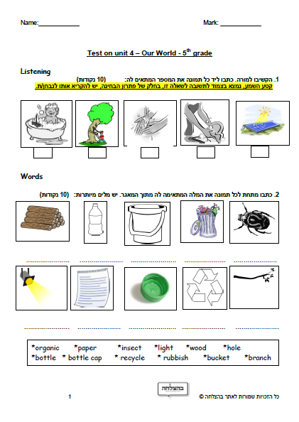 מבחן באנגלית לכיתה ה - כיתה ה - Unit 4 , Our World , ECB מבחן 1