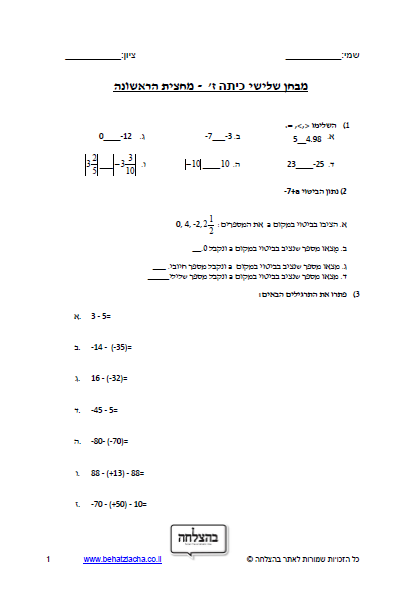 מבחן במתמטיקה לכיתה ז - מספרים מכוונים , חיבור וחיסור , משוואות
