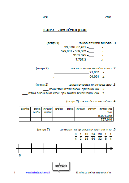 מבחן במתמטיקה לכיתה ו - מבחן 2 -&nbsp;מספרים בתחום המיליון כתיבה, מיקום ספרות, חיבור, חיסור, חילוק וכפל במאונך, שברים פשוטים מיקום על ציר המספרים, בעיות מילוליות, מספרים ראשוניים, מספרים פריקים, אומדן, חוקי החילוף, הקיבוץ והפילוג, סדר פעולות, סימני התחלקות ב-3, 6 , ו- 9, חקר נתונים, זוויות, מדידת אורך, שטח והיקף של צורות וגופים גאומטריים, סימטריה שיקופית, סימטריה סיבובית
