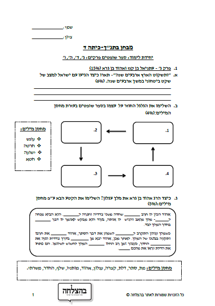 מבחן בתנ"ך לכיתה ד - ספר שופטים, פרק ג, פרק ד, פרק ה, פרק ו