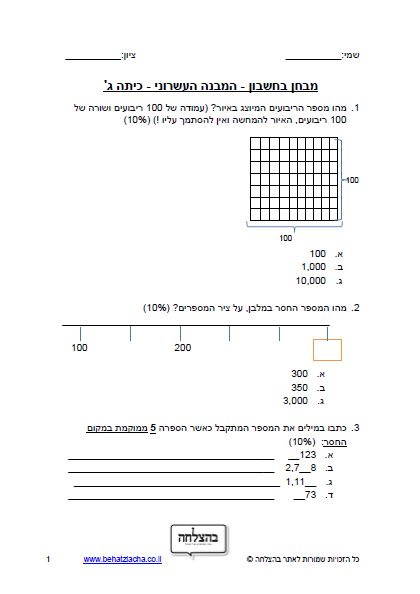מבחן במתמטיקה לכיתה ג - כיתה ג - מבחן 2 - המבנה העשרוני בתחום הרבבה