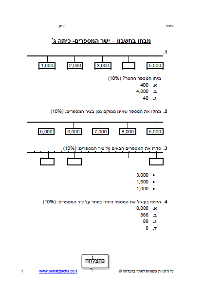 מבחן במתמטיקה לכיתה ג - כיתה ג - ישר המספרים