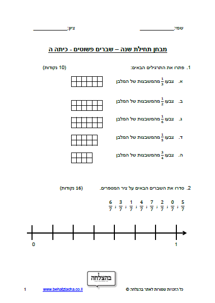 מבחן במתמטיקה לכיתה ה - תחילת שנה כיתה ה - מבחן 2 - שברים פשוטים
