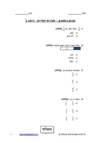 מבחן במתמטיקה לכיתה ג - כיתה ג - השבר היסודי