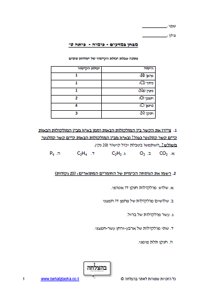 מבחן במדעים לכיתה ט - כימיה