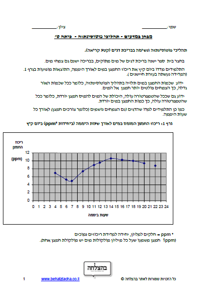 מבחן במדעים לכיתה ט - תהליכי פוטוסינתזה