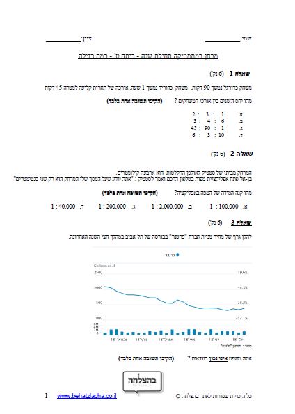 מבחן במתמטיקה לכיתה ט - מבחן במתמטיקה &ndash; כיתה ט &ndash; תחילת שנה
