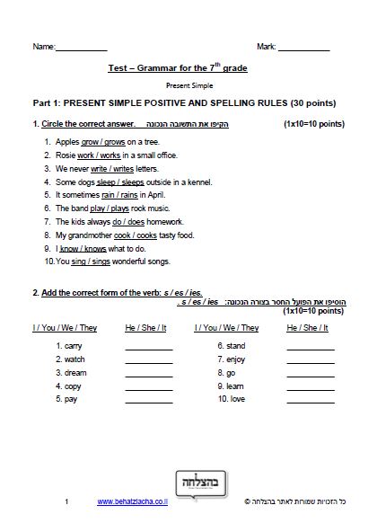 מבחן באנגלית לכיתה ז - Grammar - Present Simple - Exam 1
