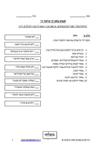 מבחן בתנ"ך לכיתה ה - ספר ויקרא, פרקים א, יט – מבחן 1 - תכנית חדשה