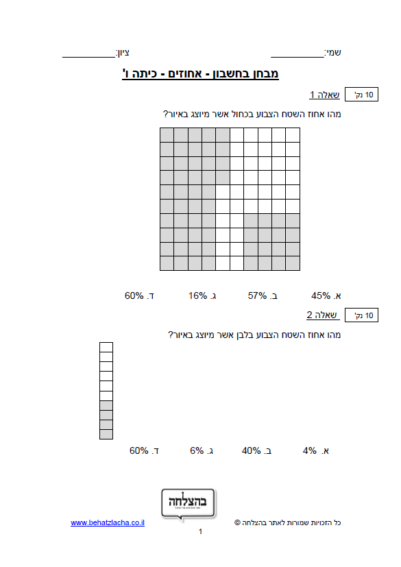 מבחן במתמטיקה לכיתה ו - אחוזים
