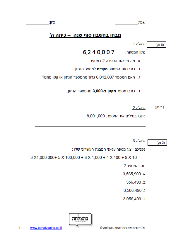 מבחן במתמטיקה לכיתה ה - סוף שנה כיתה ה – מבחן 2 – מספרים בתחום המיליון כתיבה, מיקום ספרות, ייצוג עשרוני, מספר קודם, חיבור, חיסור, חילוק וכפל במאונך, שברים פשוטים, מספר עשרוני, מספר מעורב, בעיות מילוליות, סדרות, מספר ממוצע, חישוב שטח משולש, חישוב שטח והיקף של מרובע, חישוב שטח מקבילית, חוקי החילוף, הקיבוץ והפילוג, סדר פעולות