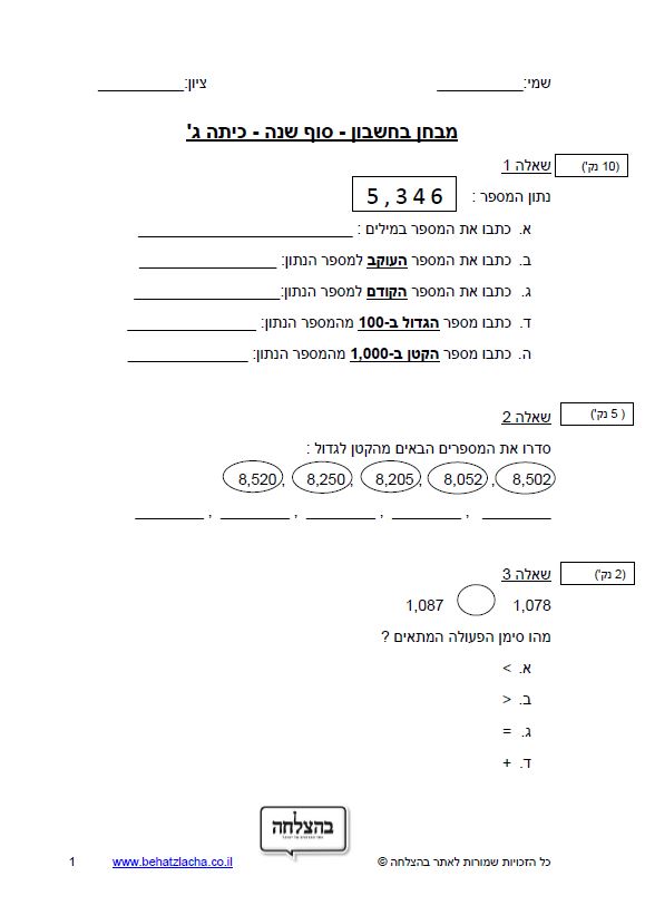 מבחן במתמטיקה לכיתה ג - מבחן בחשבון כיתה ג – מבחן 4 – מספרים בתחום המאה כתיבה, מיקום ספרות, מיקום על ציר המספרים, סדרה עולה/יורדת, חיבור וחיסור, בעיות מילוליות, חוק הפילוג, כפל וחילוק בתחום האלף, סדר פעולות, חקר נתונים, עיגול לפי עשרות מאות ואלפים, שבר יסודי, מיון זוויות, מדידות אורך עם סרגל, מחומש, משולש שווה שוקיים, יחידות זמן, אורך ומשקל